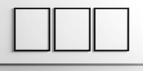 Wall Mural - Three vertical blank black frames hanging on white wall