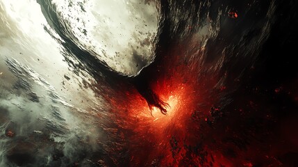 Abstract art of a dark figure emerging from a fiery abyss.