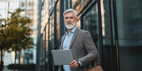 Senior businessman walking outside office holding laptop