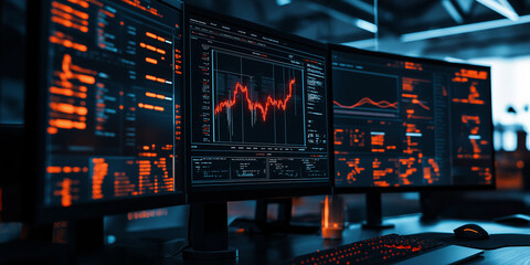 Poster - Stock market data displaying on multiple computer screens in office at night