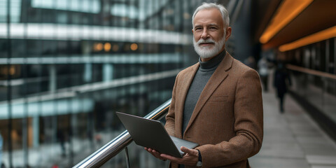 Poster - Senior businessman holding laptop standing in modern office building
