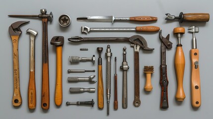 A collection of various tools, laid out in an organized pattern.