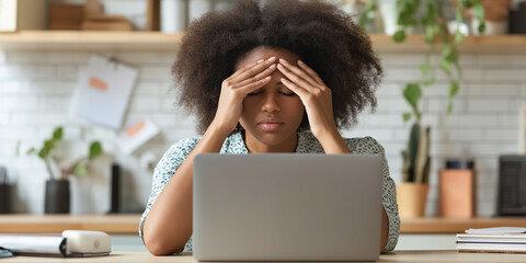 Poster - Young black woman feeling tired and stressed working from home office