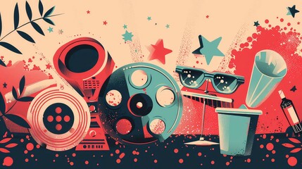 A vintage illustration with a film reel, projector, sunglasses, a megaphone, a drink cup, a bottle of wine, and stars on a beige background.