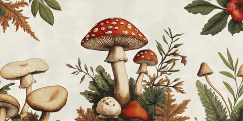 Aufkleber - Fly agaric and other mushrooms growing in the undergrowth