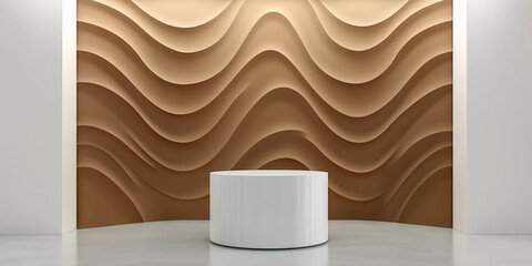Aufkleber - White round podium standing in front of modern wavy wall in empty room