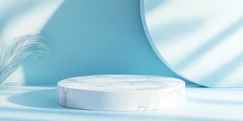 Poster - Empty marble podium displaying on blue background with palm leaves for cosmetic product presentation