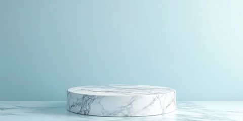 Poster - White marble round podium displaying product on blue background