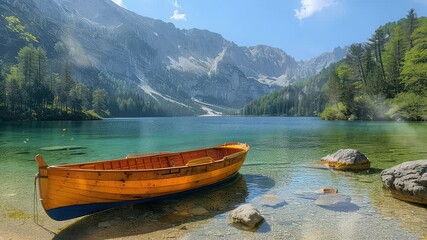 Wall Mural - animation serene mountain lake with wooden boat under clear skies generated with ai