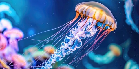 Sticker - Jellyfish swimming in a dark blue aquarium