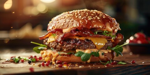 Sticker - Traditional Brazilian X burger with meat and cheese on a wooden board