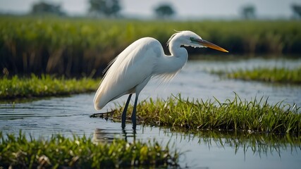 Elegant egrets wading through a serene wetland. A majestic great egret with striking white plumage and a yellow bill stands gracefully in a serene wetland surrounded by lush greenery and still water.