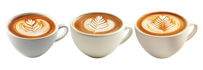 Wall Mural - Coffee cups with latte art isolated on transparent background, hot beverage set