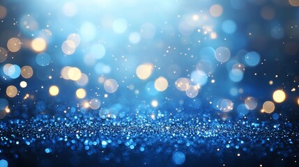 Wall Mural - A captivating image of shimmering blue glitter illuminated by soft, warm bokeh lights.  The composition symbolizes elegance, celebration, and joy, creating an inviting and festive atmosphere.