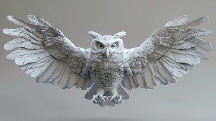 A 3D model of a white owl with its wings spread.