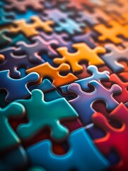 Poster - A close-up image of colorful puzzle pieces interlocked, symbolizing teamwork, collaboration, problem-solving, unity, and success.