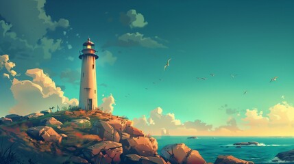 Wall Mural - A solitary lighthouse on a rocky coast.