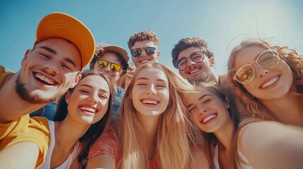 Wall Mural - Group of Excited Young Friends Taking a Selfie Together