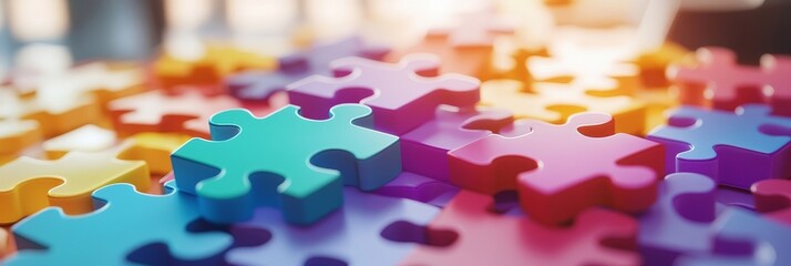 Wall Mural - A close-up shot of colorful puzzle pieces symbolizing teamwork, collaboration, problem-solving, connection, and unity.