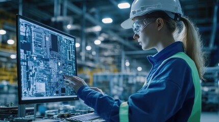 Wall Mural - Engineer Reviews Motherboard Against Digital Twin 3D Model on Computer in High-Tech Factory