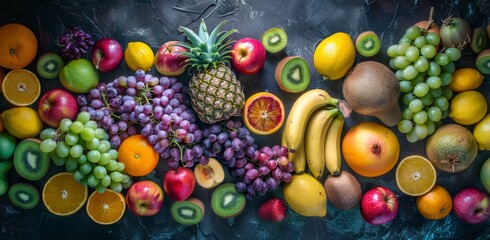 Wall Mural - A Colorful Arrangement of Fresh Fruits on a Dark Background