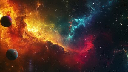 Canvas Print - A cosmic scene with two planets, a fiery red nebula on the left, and a blue and red nebula on the right, all set against a backdrop of twinkling stars.