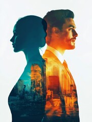 Sticker - A double exposure image of a man and woman, with a cityscape behind them, representing collaboration, partnership, urban living, and a united vision.