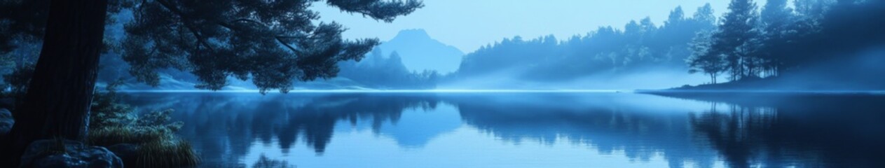 Anime-Style Enchanted  Mystical Blue Lake: wilight by the Enchanted Waters Reflecting Serenity for Winter Solstice Celebrations and Festive Seasonal Promotions Perfect for Gaming Art and Storybook Ill