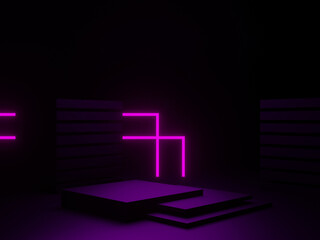 Wall Mural - Black podium with purple neon lights.