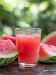 Poster - A glass of watermelon juice with fresh watermelon slices on a wooden table, symbolizing summer, hydration, vitamins, refreshment, and healthy lifestyle.