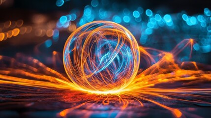 Poster - A glowing sphere of energy with blue and orange light streaks radiating outwards, symbolizing power, technology, innovation, creativity, and the future.