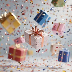 Sticker - A group of colorful gift boxes falling in a flurry of confetti, symbolizing celebration, joy, surprise, and festivity.