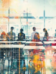 Poster - A group of business professionals are sitting at desks in a modern office space, with abstract digital patterns overlapping the scene, representing innovation, collaboration, and technology.