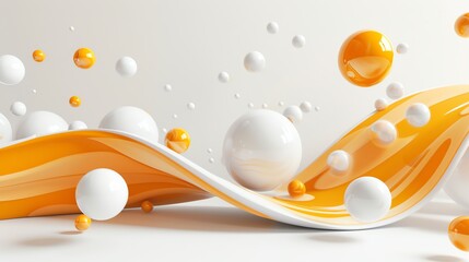 Abstract 3D render of white and orange spheres and a wavy surface.