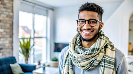 Wall Mural - Smiling young man with glasses and scarf.