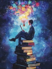 Sticker - A man sits atop a towering stack of books, symbolizing the power of knowledge and learning. Above him, a glowing light bulb representing inspiration and new ideas. The colorful background represents t