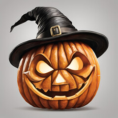 Wall Mural - Realistic Style Scary-faced pumpkin head wearing a witch's hat