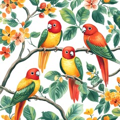 Canvas Print - Colorful watercolor parrots in red, yellow, and green on a white background