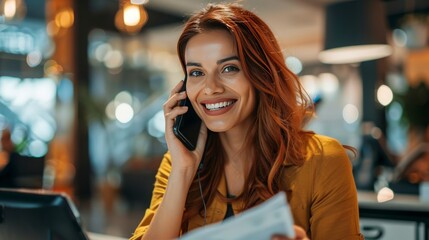 Smiling woman talking on phone in a modern cafe.