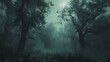 © AI Artworks - Dark and eerie forest scene on a foggy night with spooky tree Halloween background.