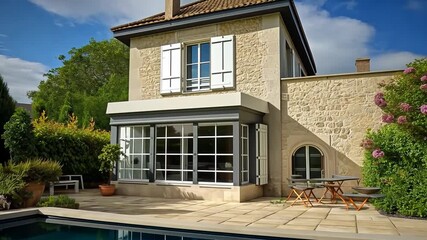 Poster - Luxury stone classic updated villa with swimming pool and garden, generative ai