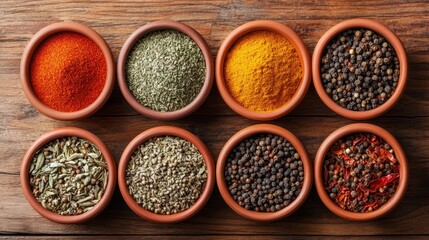 Poster - A variety of spices in bowls, showcasing the diversity of flavors and colors found in culinary arts.  The arrangement depicts the essence of spice blends and their role in enhancing taste and aroma.