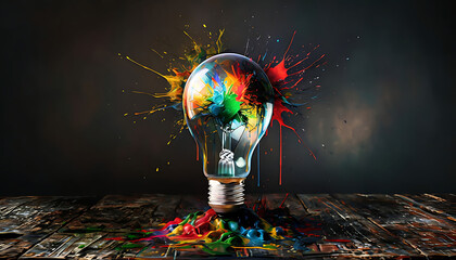 Wall Mural - Creative light bulb, on rustic wooden old table, exploded with colorful paints and splashes on a dark background.