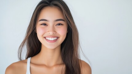 young woman with long, dark hair poses confidently in a bright, minimalist studio. Her radiant smile and natural beauty are emphasized by the simple white outfit she wears.