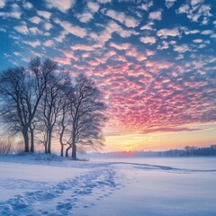 A serene winter landscape featuring snow-covered ground, silhouetted trees, and a vibrant, colorful sky at sunset.