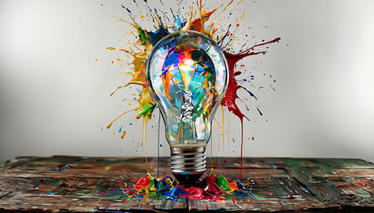 Wall Mural - Creative light bulb, on rustic wooden old table, exploded with colorful paints and splashes on a white background.