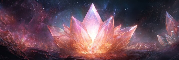 Poster - A vibrant crystal formation glows with ethereal light against a backdrop of stars and nebulas.  The image evokes themes of power, energy, and the mysteries of the universe.