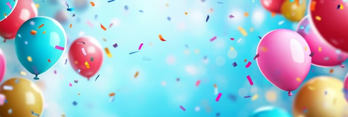 Wall Mural - A vibrant image of colorful balloons floating against a blue background with confetti. This symbolizes joy, celebration, and happiness.