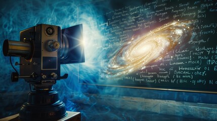 Poster - A vintage film projector projects a glowing galaxy onto a chalkboard, symbolizing the exploration of the cosmos, the power of knowledge, the intersection of technology and imagination, and the endurin