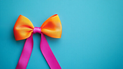 Sticker - A vibrant orange and pink bow tied on a bright blue background, symbolizing celebration, joy, and a festive atmosphere. The simple composition creates a sense of elegance and sophistication.